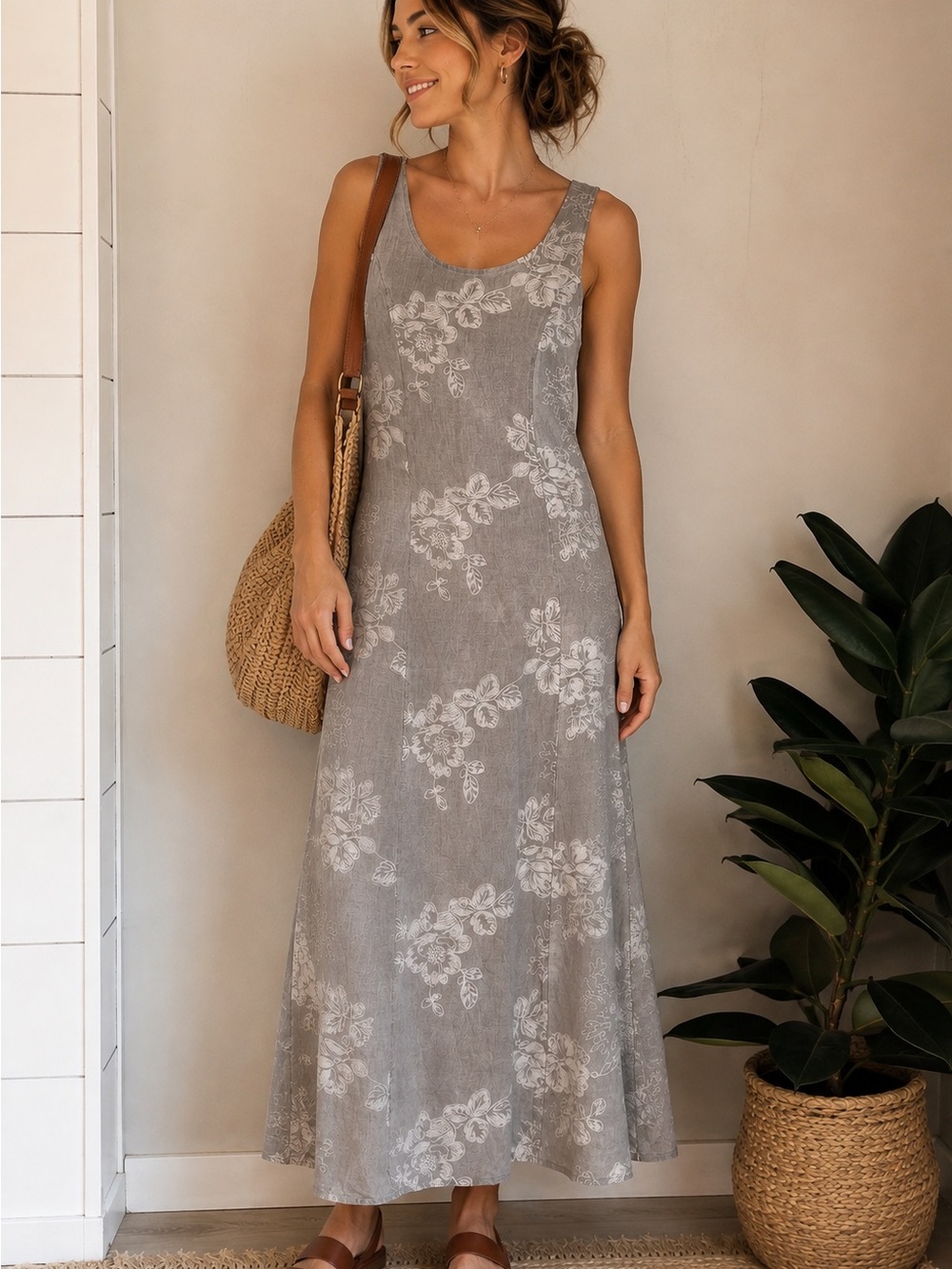 Lina Tomei Italy 100% Linen Floral Embroidered Maxi Dress Size S
